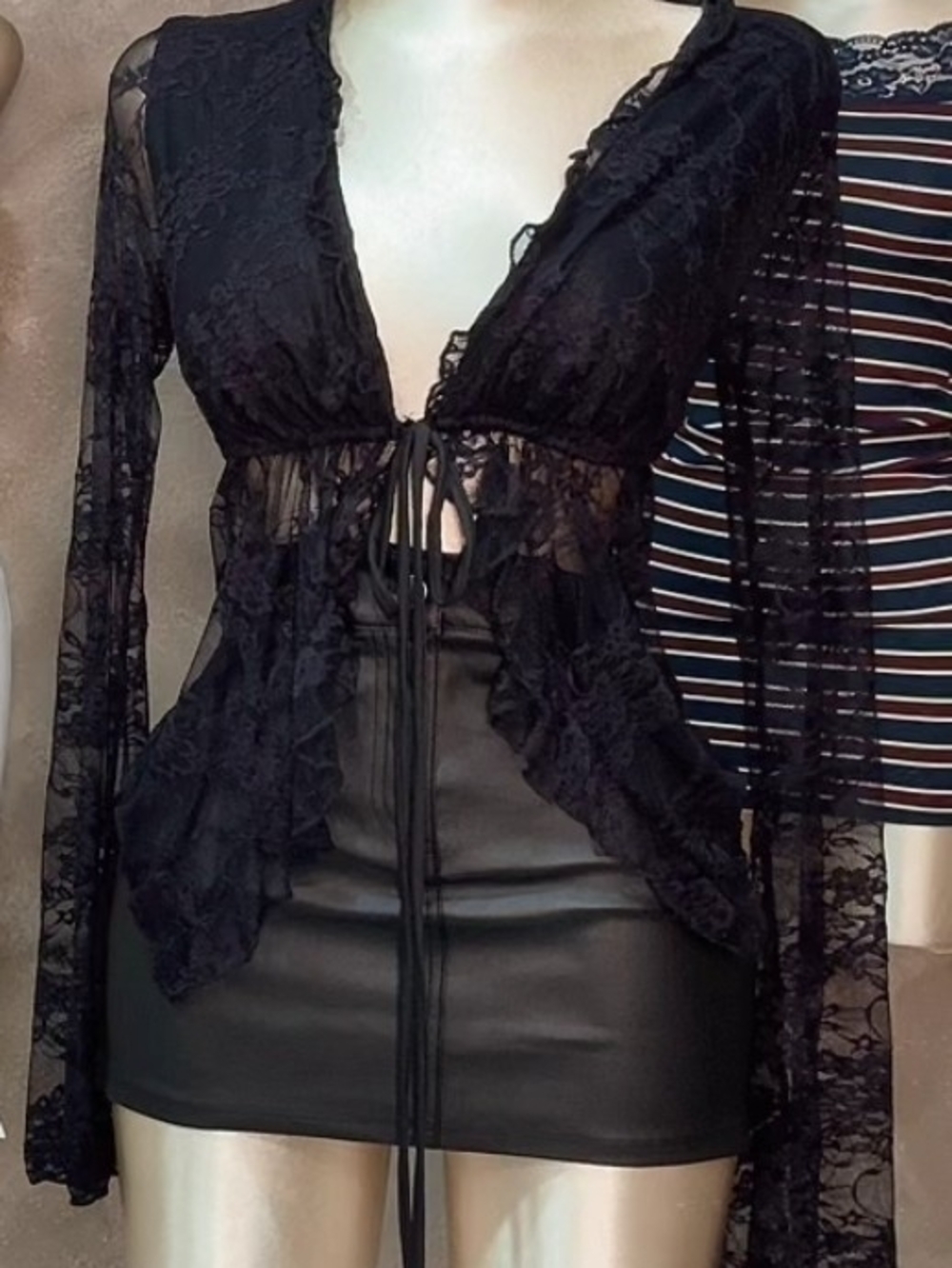 Sheer Lace Tie-Front Black Top
